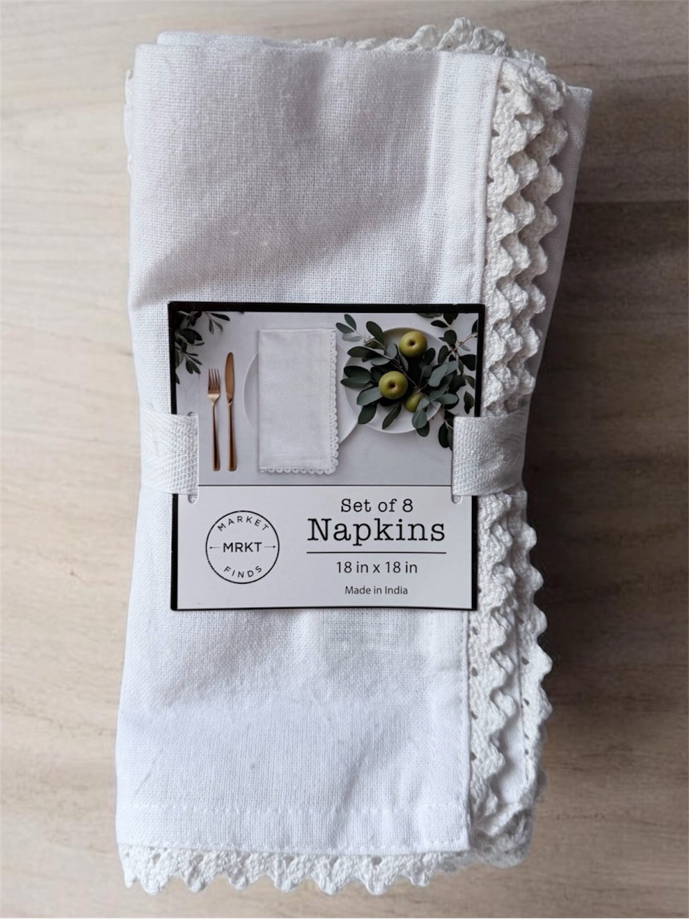 MRKT Set of 8 White Crochet-Edge Napkins 18”x18”